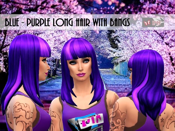 The Sims Resource: Blue/purple long hairstyle with bangs for Sims 4
