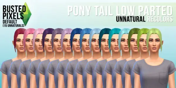 Busted Pixels: Ponytail low parted hairstyle unnatural colors for Sims 4