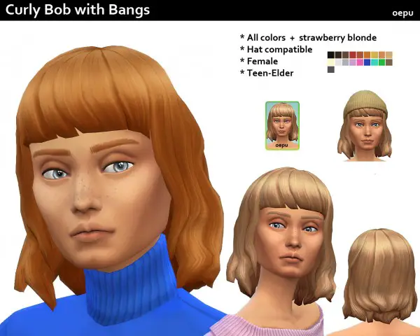 Mod The Sims: Curly Bob with Bangs by oepu for Sims 4