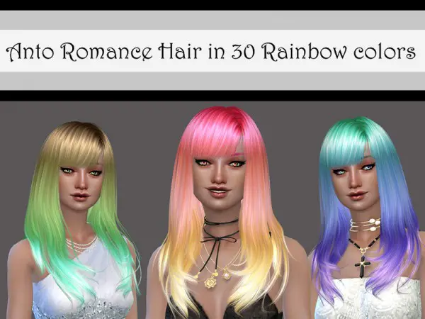 The Sims Resource: Anto`s Romance Hair Rainbow Recolored by Lorwyn for Sims 4