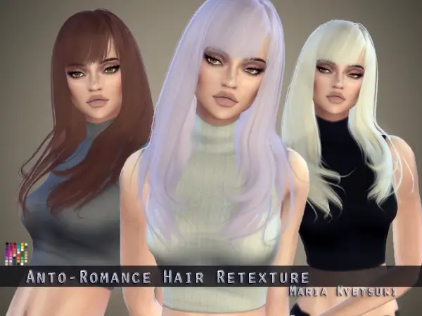 The Sims Resource: Anto`s Romance hair retextured by MariaKyetsuki for Sims 4