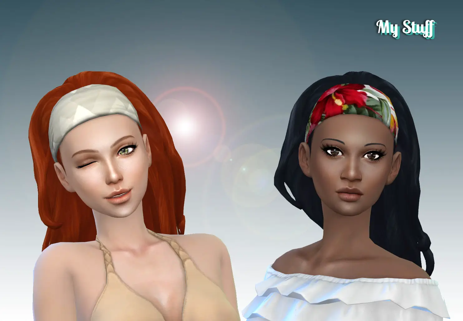 Mystufforigin: Long Wavy Bandana hair retextured ~ Sims 4 