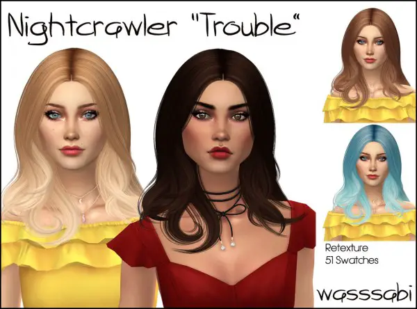 Wasssabi Sims: NightCrawler`s Trouble Hair Retextured for Sims 4