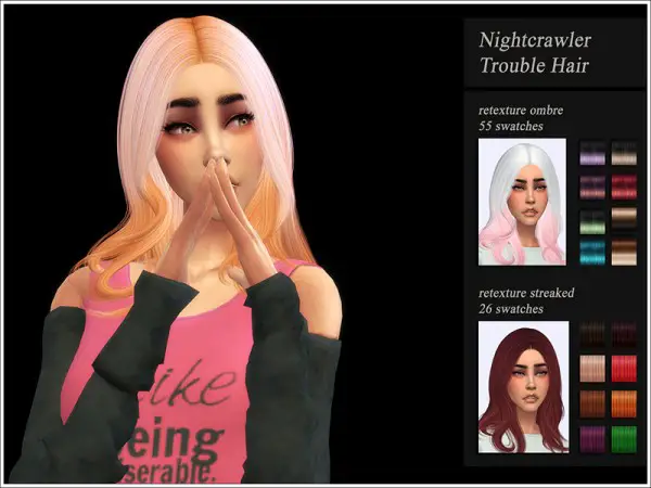 The Sims Resource: NightCrawler`s Trouble Hair Retextured by Jenn Honeydew Hum for Sims 4