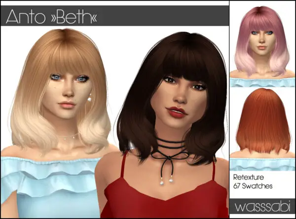 Wasssabi Sims: Anto`s Beth Hair Retextured for Sims 4